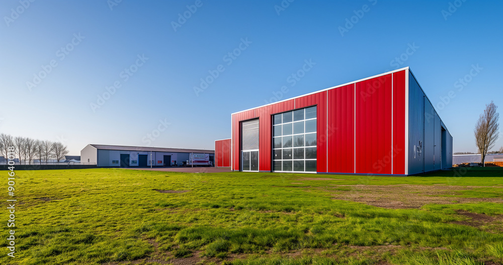 Exterior a industrial warehouse dock station with red walls, surrounded by green land. Commercial storehouse building, business unit, cargo factory, distribution, logistic business transport concepts. Exterior a industrial warehouse dock station with red walls, surrounded by green land. Commercial storehouse building, business unit, cargo factory, distribution, logistic business transport concepts.