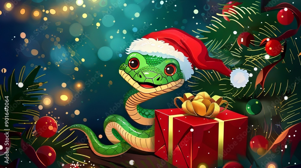 A cute cartoon green snake in a Santa hat with a red gift sits near the Christmas tree.2025 A cute cartoon green snake in a Santa hat with a red gift sits near the Christmas tree.2025