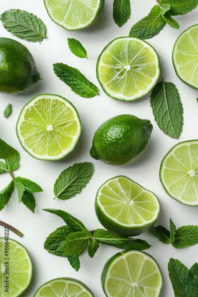 A close up of lime slices and mint leaves. The lime slices are cut in half and arranged in a pattern on a white background A close up of lime slices and mint leaves. The lime slices are cut in half and arranged in a pattern on a white background