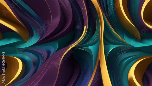 a dynamic abstract pattern with interlocking curves and lines in vivid colors such as purple, teal, and gold, 3d