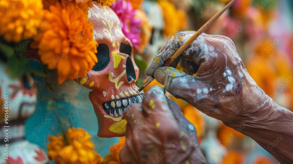 Naklejka premium person painting a decorated skull for the Day of the Dead Mexico