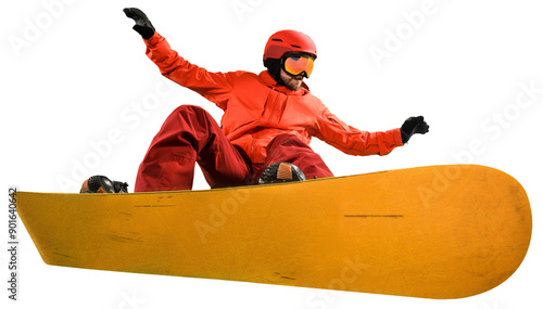 Winter sports enthusiast, man in red sportswear doing aerial snowboard trick isolated on transparent background. Concept of winter, sport, activity, travelling, active lifestyle, extreme sport