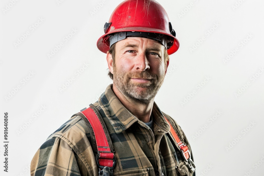Portrait of a male construction worker wearing hard hat, studio shot, white background Portrait of a male construction worker wearing hard hat, studio shot, white background