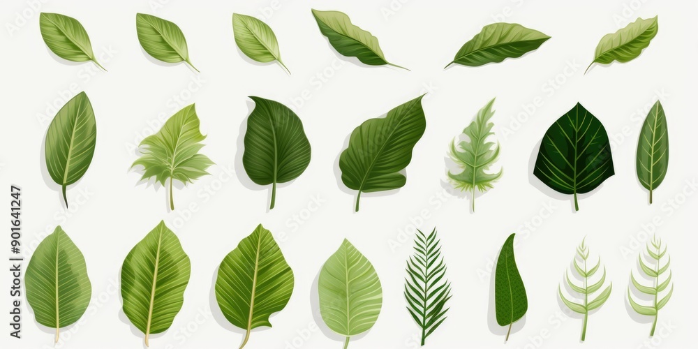 Fototapeta premium A collection of green leaves with varying shapes and sizes. The leaves are arranged in a row, with some overlapping each other. Scene is peaceful and serene, as the leaves are all green