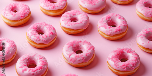 Pink donuts pattern on a pink background. Design concept banner of romantic, sweet life.