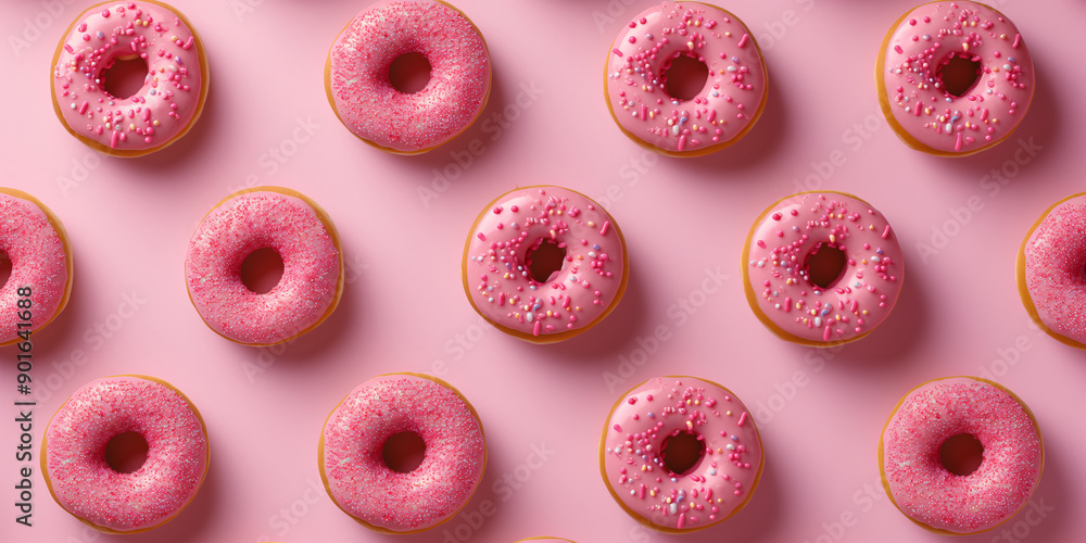 Pink donuts pattern on a pink background. Design concept banner of romantic, sweet life. Pink donuts pattern on a pink background. Design concept banner of romantic, sweet life.