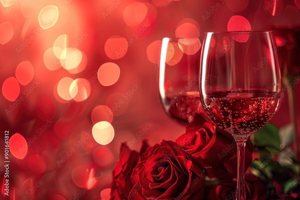 Red roses with empty red wine glass put on red background for Valentines dining concept Red roses with empty red wine glass put on red background for Valentines dining concept