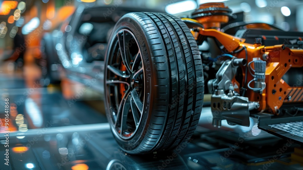 Close-up of a futuristic car's wheel with high-tech detailing. Close-up of a futuristic car's wheel with high-tech detailing.