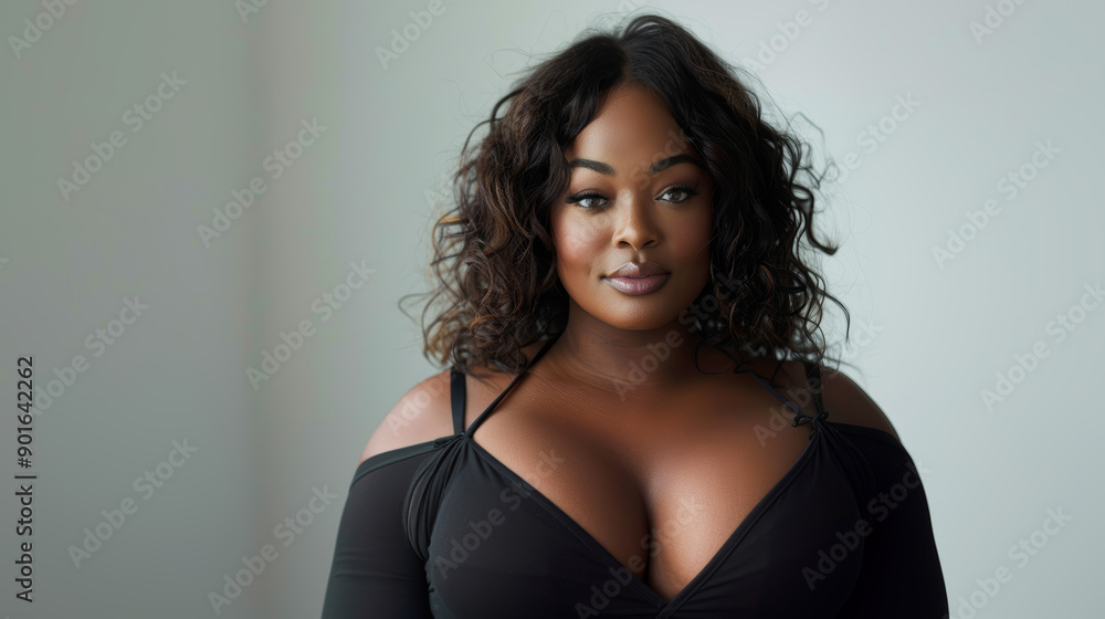 Portrait of a beautiful confident plus size black woman in black outfit with curly hair Portrait of a beautiful confident plus size black woman in black outfit with curly hair