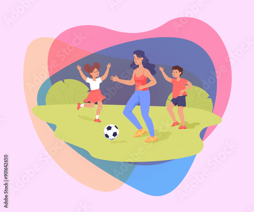 Mother playing football with son and daughter outside. Woman doing sports together with children on green grass flat vector illustration. Family, outdoor activity, summer concept photo