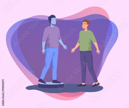 Man and his holographic projection flat vector illustration. Man standing in front of his VR silhouette. Modern technology, artificial intelligence, virtual reality concept