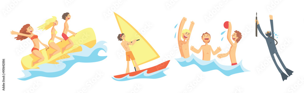 People Character Enjoy Beach and Water Summer Activity Vector Set People Character Enjoy Beach and Water Summer Activity Vector Set