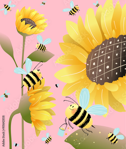 Colorful nature flowers and cute bees. Sunflowers botanical background. Summer village garden design for card or cover. Han drawn vector illustration.
