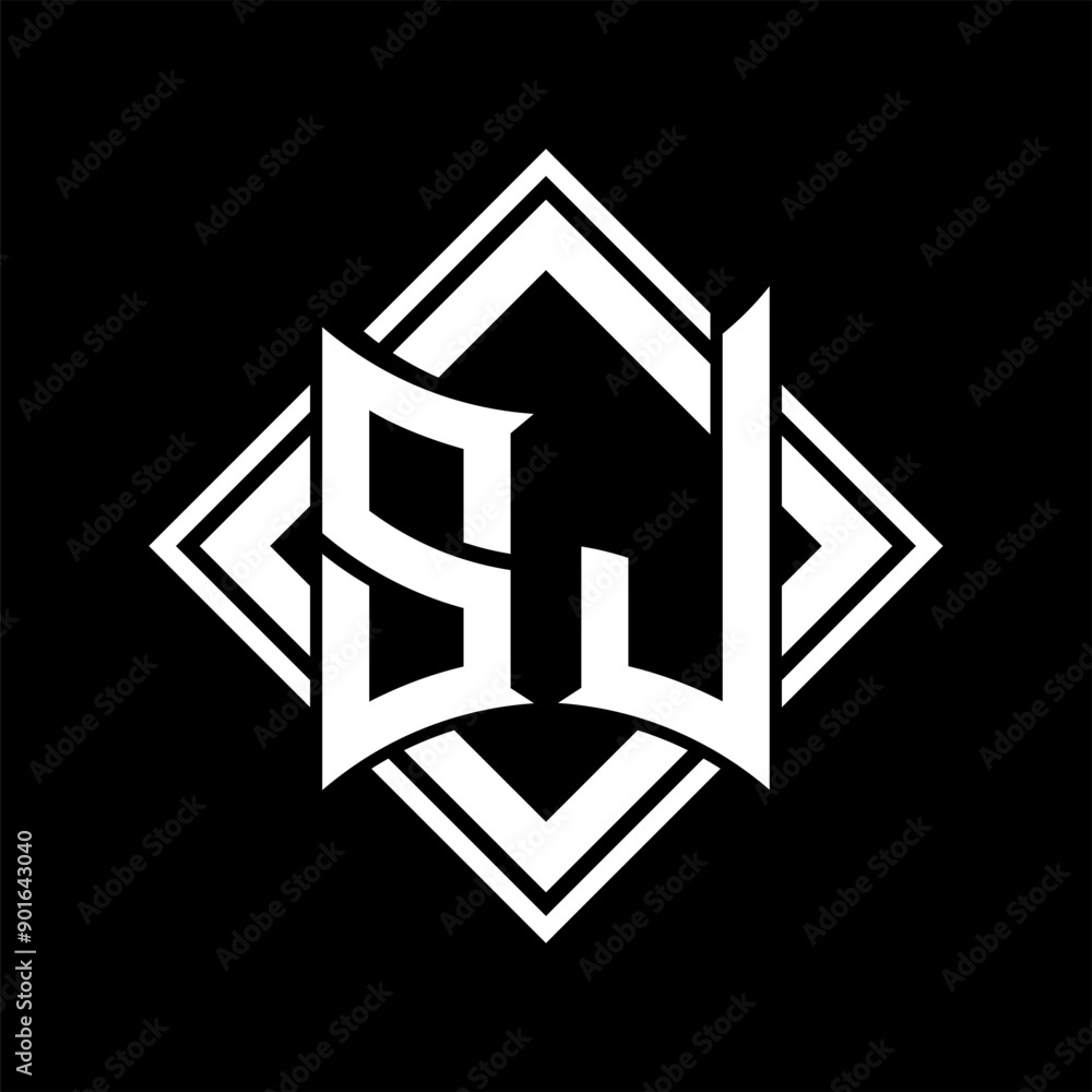SJ Letter logo abstract shield shape with square white outline on black background template SJ Letter logo abstract shield shape with square white outline on black background template