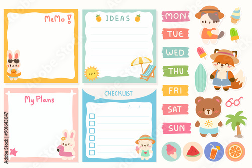 Kawaii Beach Memo Set with Cute Animals and Planning Stickers. Adorable Beach Themed Planner Stickers and Memo Templates. Cute and Fun Beach Planner Stickers and Memo Pads.