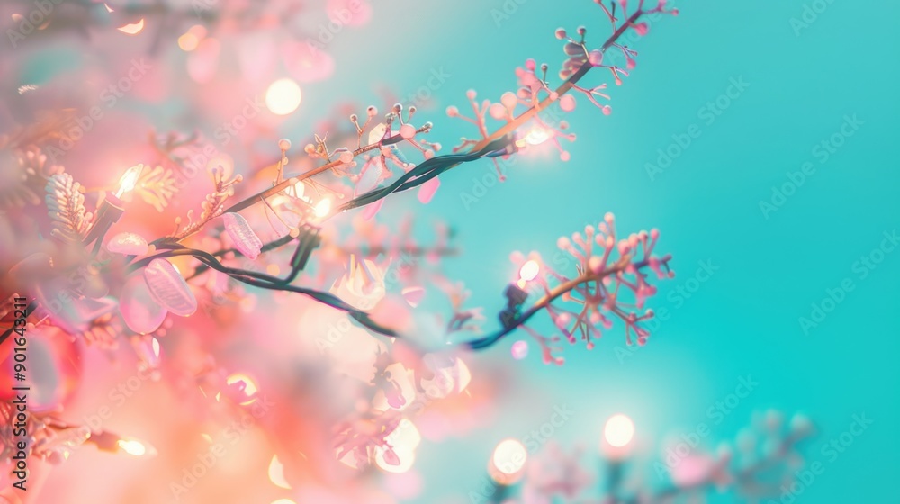 A tree with pink flowers and lights on it A tree with pink flowers and lights on it