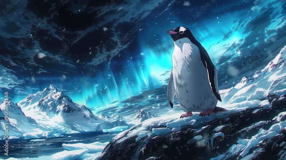Obraz premium Penguin Gazing at the Aurora Borealis in a Frozen Landscape