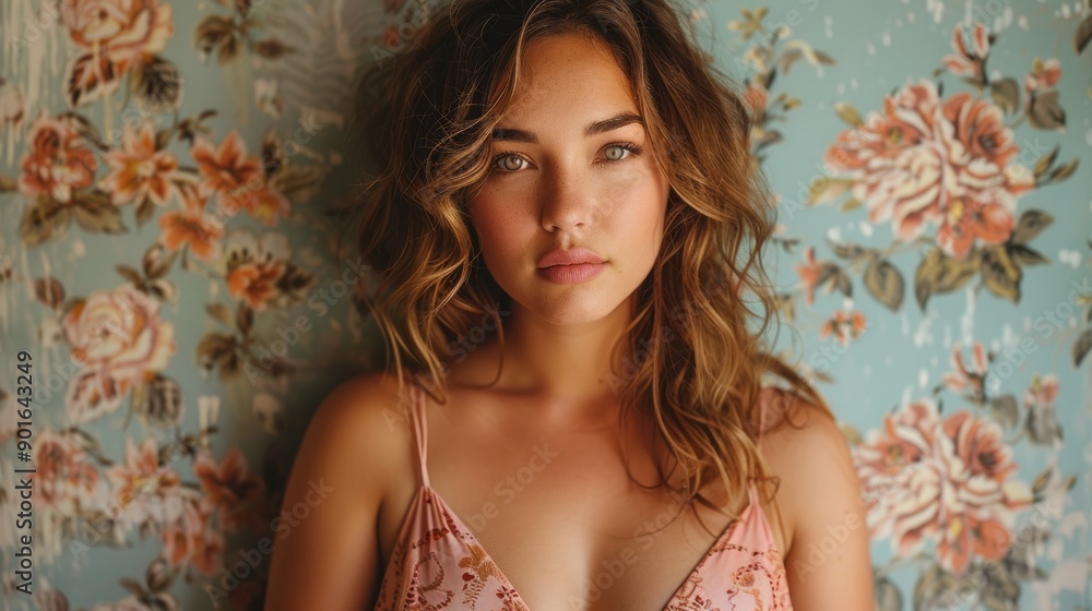 Fototapeta premium Portrait of a beautiful plus-size woman with curly hair standing against floral wallpaper