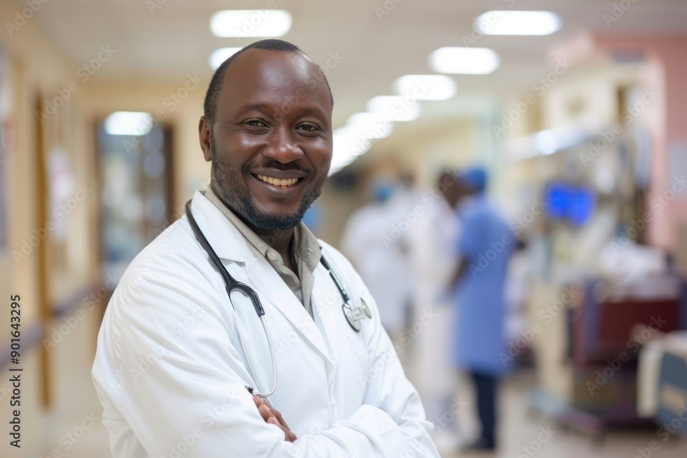 Smiling African doctor in uniform standing with blurred staff people background in a hospital Smiling African doctor in uniform standing with blurred staff people background in a hospital