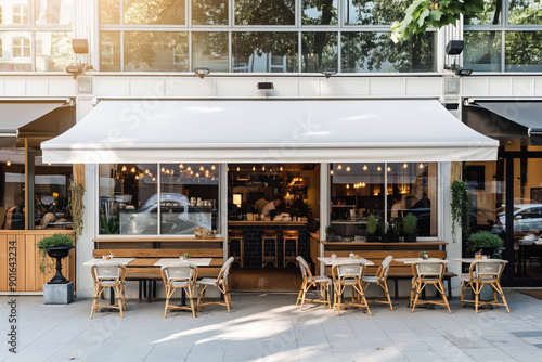 Modern Cafe Bakery with Awning and Outdoor Seating in Urban Setting.