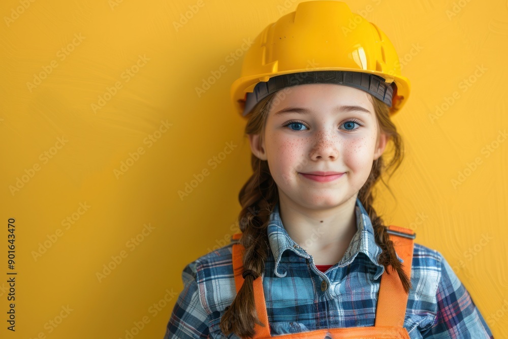 Smiling Cute Girl construction worker look on free background - labor day Smiling Cute Girl construction worker look on free background - labor day
