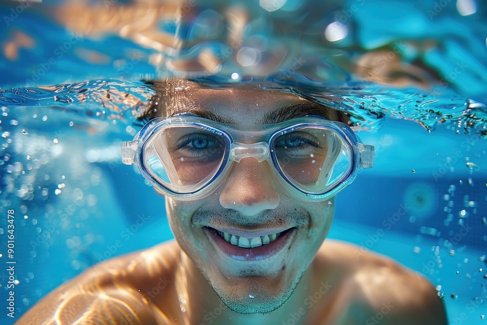 Naklejka premium smiling young active man swimming underwater in the pool