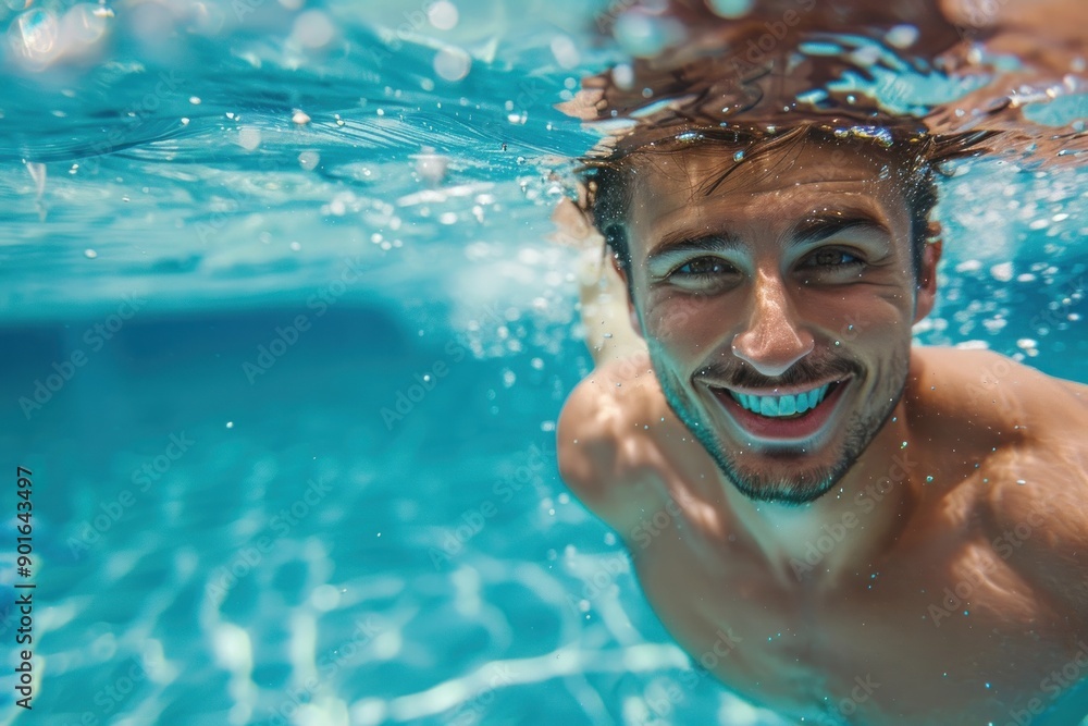 smiling young active man swimming underwater in the pool smiling young active man swimming underwater in the pool
