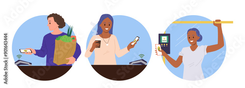 Isolated round composition with diverse people cartoon characters using contactless services in life