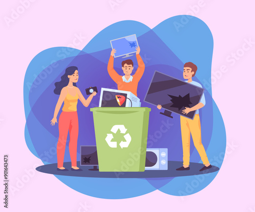 People throwing electronic devices into recycle bin. Male and female cartoon characters holding camera, monitor and TV flat vector illustration. Technology, electronic waste, recycling concept