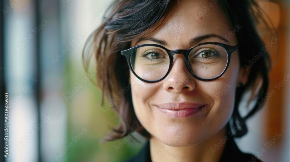 A woman with glasses is smiling and looking at the camera. She has a serious expression on her face A woman with glasses is smiling and looking at the camera. She has a serious expression on her face