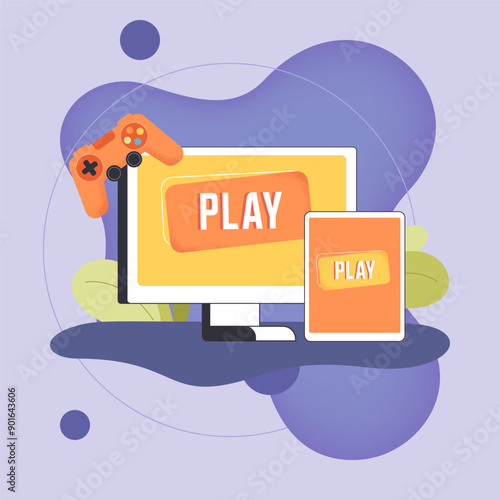 Playing video games on tablet and computer. Playing console, using various hardware devices, computer or tablet flat vector illustration. Cross-platform play concept
