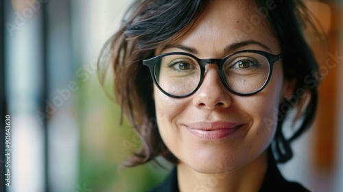 A woman with glasses is smiling and looking at the camera. She has a serious expression on her face