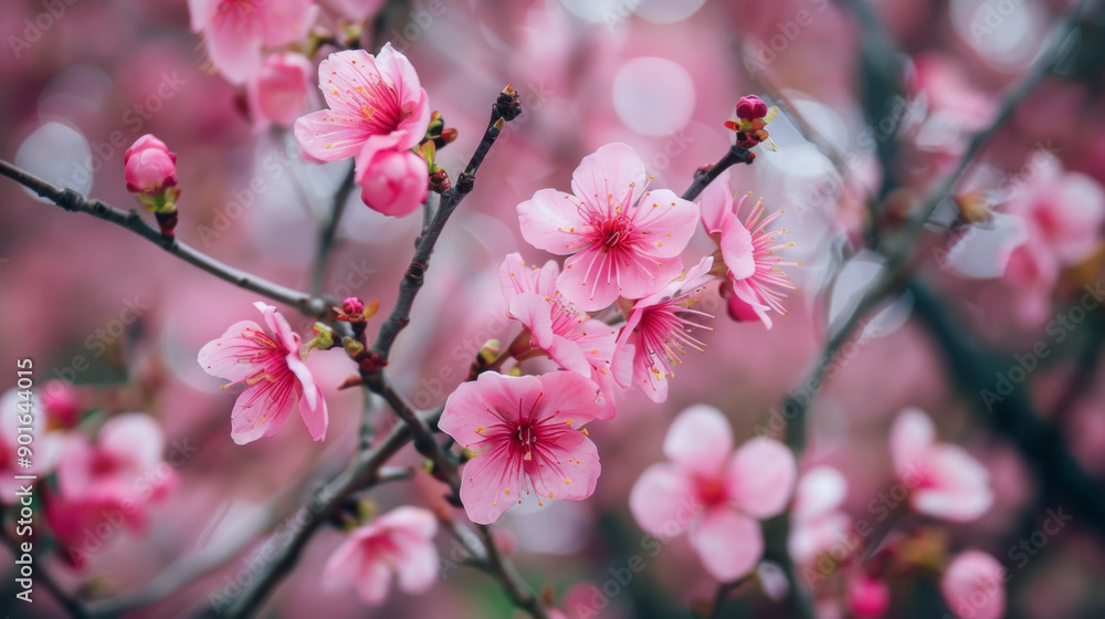 Blooming cherry blossom branches adorned with delicate pink flowers during springtime afternoon Blooming cherry blossom branches adorned with delicate pink flowers during springtime afternoon