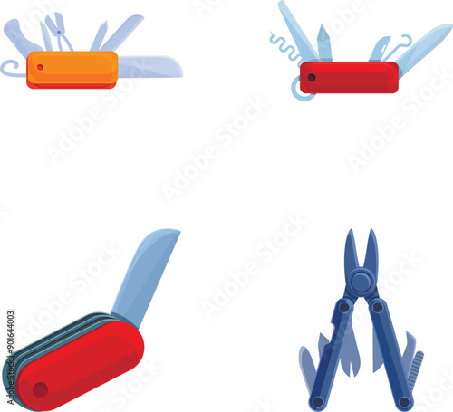 Swiss knife icons set cartoon vector. Pocket multipurpose folding knife. Multi tool instrument