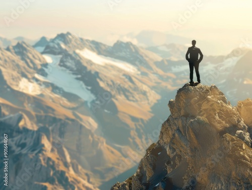 A man stands on a mountain peak, looking out over the landscape. Concept of awe and wonder, as the man takes in the vast expanse of mountains and the beauty of nature © vefimov