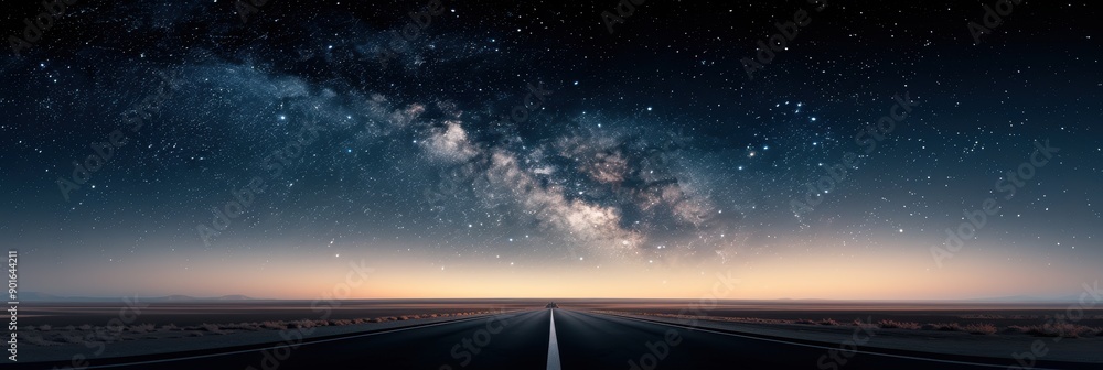 A breathtaking view of the Milky Way galaxy over an empty road at night, showcasing the beauty of the universe. A breathtaking view of the Milky Way galaxy over an empty road at night, showcasing the beauty of the universe.