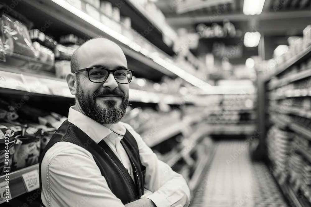 A man wearing a vest and glasses stands in a grocery store aisle. He is smiling and he is happy A man wearing a vest and glasses stands in a grocery store aisle. He is smiling and he is happy