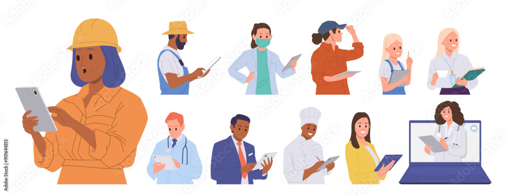 Diverse people cartoon characters of different occupation using digital mobile tablet isolated set Diverse people cartoon characters of different occupation using digital mobile tablet isolated set
