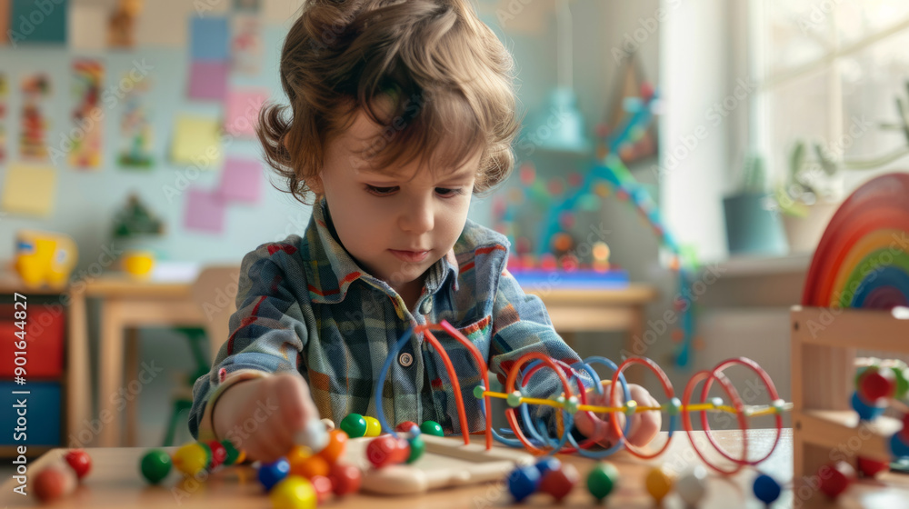 Child engaged in learning with colorful educational toys in a bright classroom setting Child engaged in learning with colorful educational toys in a bright classroom setting