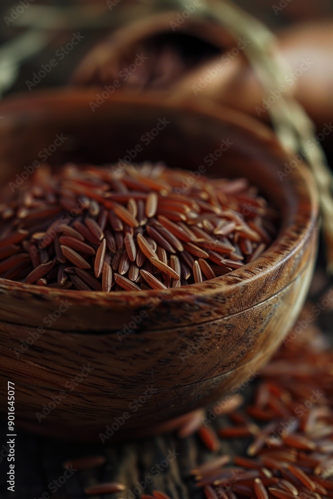 A bowl of brown rice is on a wooden table A bowl of brown rice is on a wooden table