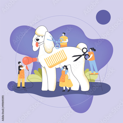 Tiny people trimming huge dog flat vector illustration. Man and women cutting animal wool, combing and drying with hair dryer at groomer salon, taking care of happy dog. Pet grooming service concept