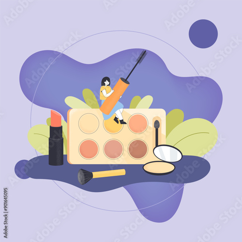 Tiny woman with mascara sitting on eyeshadow palette. Female cartoon character testing makeup products in salon flat vector illustration. Beauty, cosmetics concept