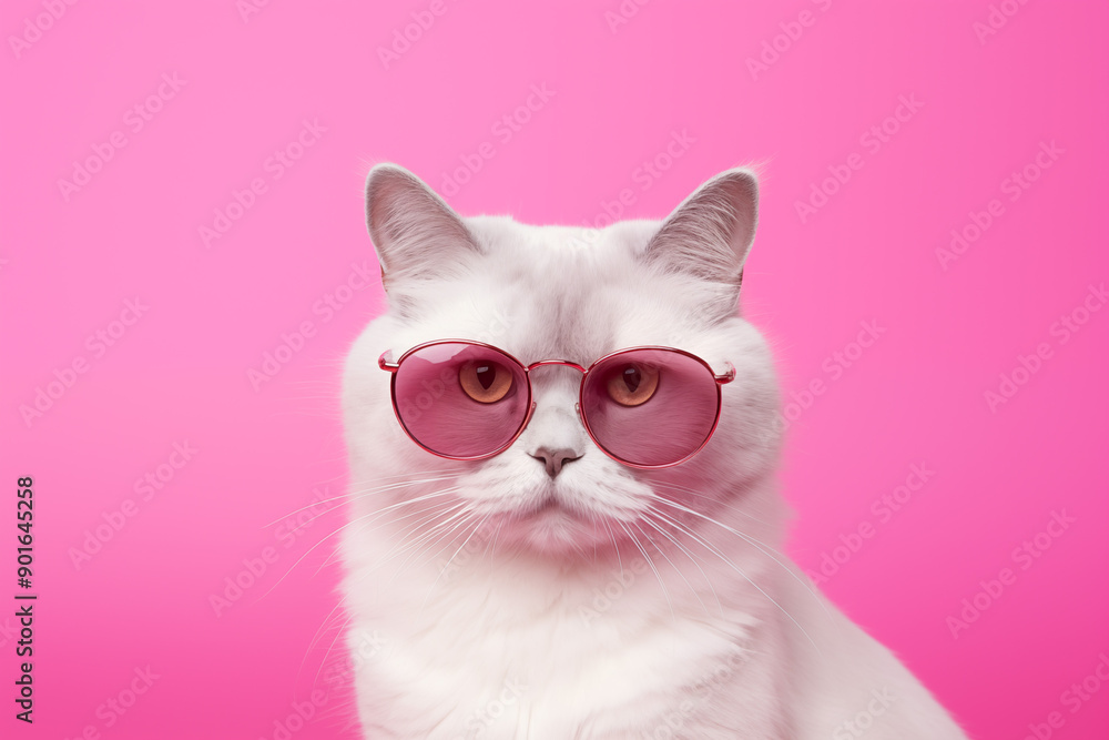 Closeup portrait of funny white cat in pink sunglasses isolated on on a pink background . Design for animal day, advertising with place for text, copyspace