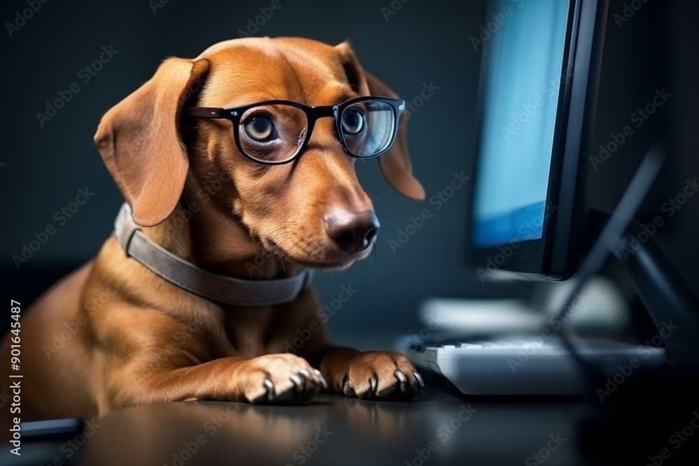 Cute dachshund dog looking at a laptop and working wearing glasses and ...