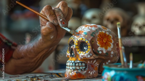 person painting a decorated skull for the Day of the Dead Mexico