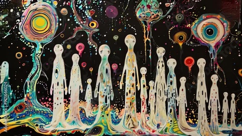 psychedelic artwork featuring abstract, elongated white figures against a black background, surrounded by colorful, swirling patterns and cosmic elements