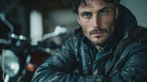 A serious man in a leather jacket stares intently at the camera, with a motorbike visible behind him, portraying strength and adventure in a cool, rugged style.