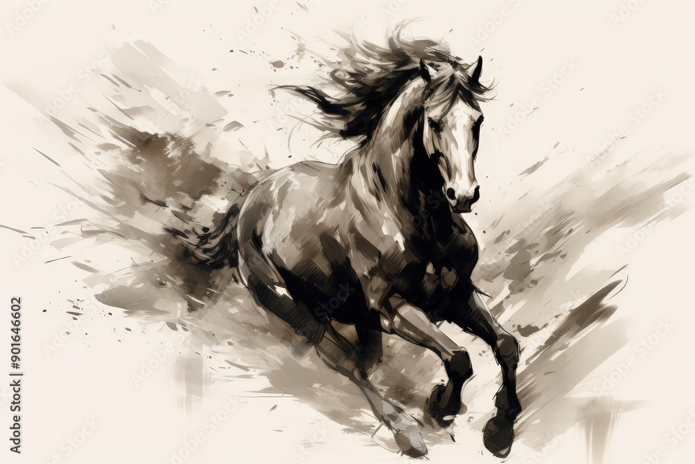 Obraz premium Black Horse Running with Watercolor Style