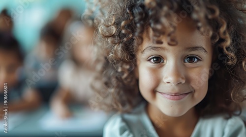 A young girl with curly hair and a warm smile looks directly into the camera, surrounded by slightly blurred classmates in the background, in a bright classroom setting.