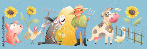 Farmer on farm, rural scene abstract collage. Domestic animals as cow donkey rooster turkey pig and goose, farmland and countryside scenery. Vector cartoon illustration, hand drawn collage art.